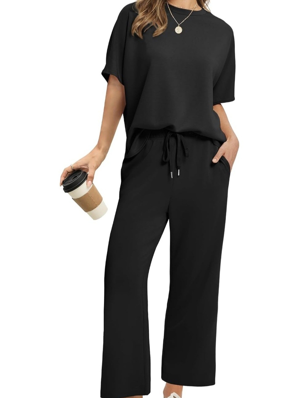 NWT SAMPEEL 2 Piece Lounge Set Black Short Sleeve Pocket Top Wide Leg Pants M